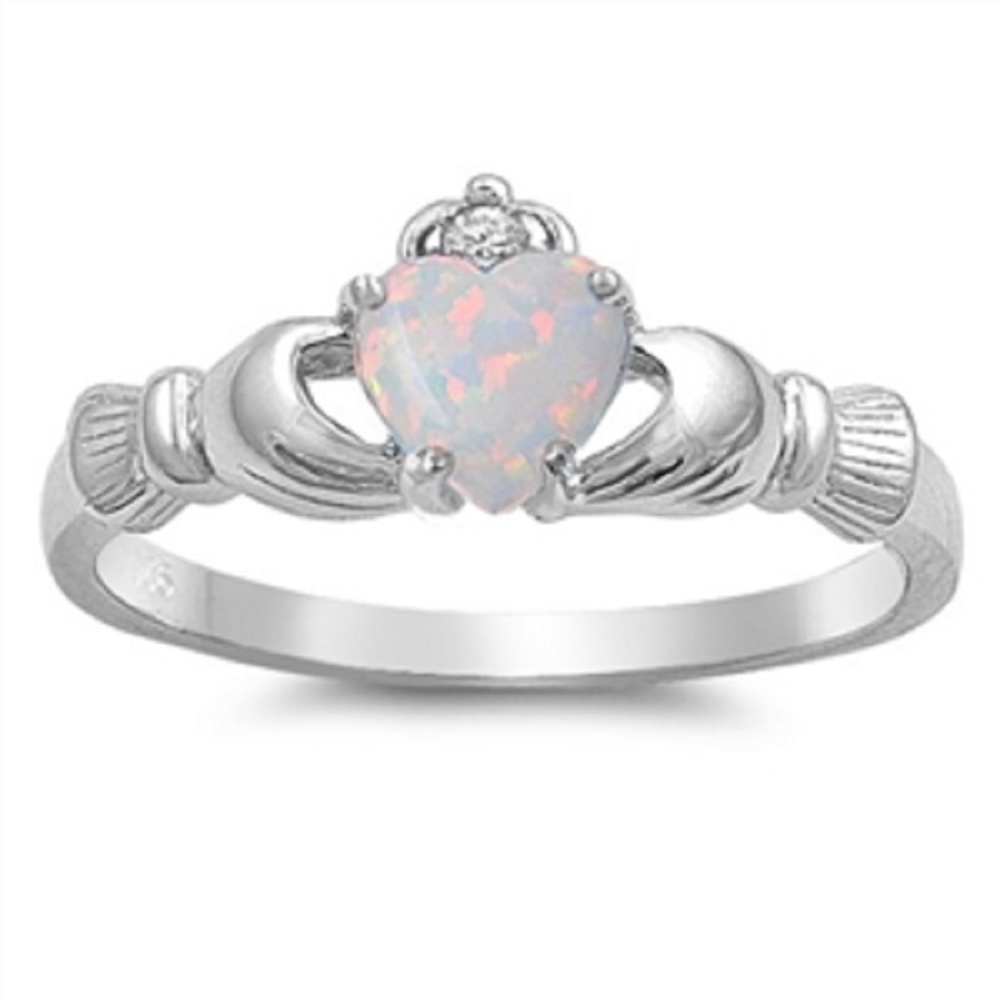 Claddagh Ring Lab White Opal Sterling Silver